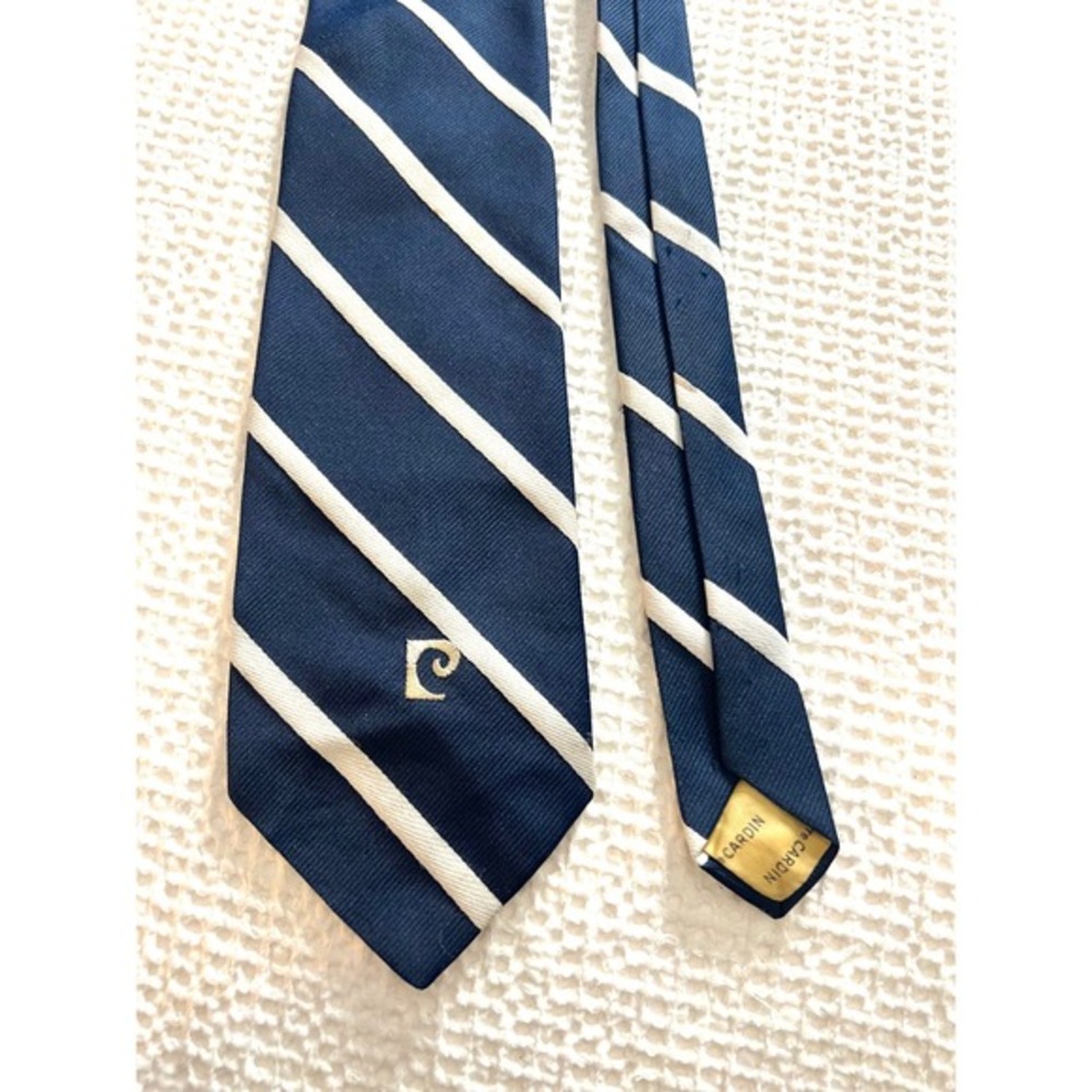 Pierre Cardin Vintage Navy White Stripe Silk Blend Necktie Mens Formal Business